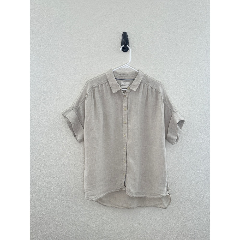 J.Crew Button Down Shirt Womens L Beige Baird McNutt Irish Linen Short Sleeve - Picture 3 of 10